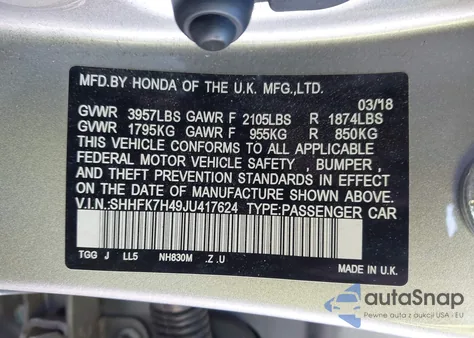 2018 Honda Civic Sport из США, поврежденный, VIN SHHFK7H49JU417624